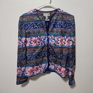 Vtg Adrianna Papell Womens 100% Silk Floral Jacket Size 6 Boho Artsy Button B18